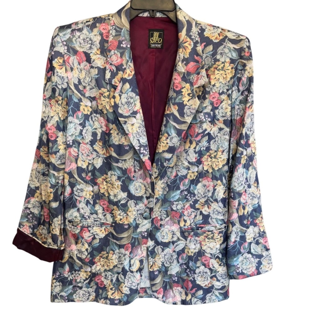 Vintage San Moire Blazer‎ Blue Floral Tapestry Grandmacore Cottagecore Womens 16